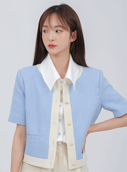 Round Neck Collarless Two-Toned Tweed Jacket OA25