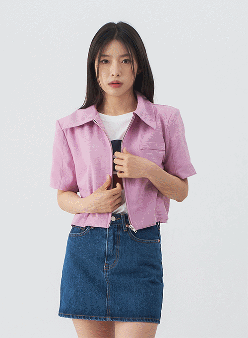 Linen Collared Cropped Zip-up Jacket OY24