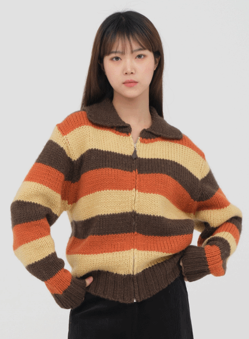 Wool Zip Up Cardigan in Stripes