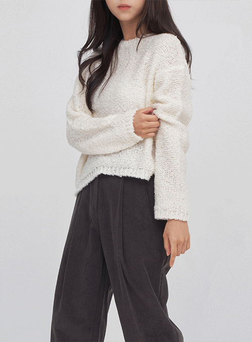 Wool Poodle Round Neck Knit Crop