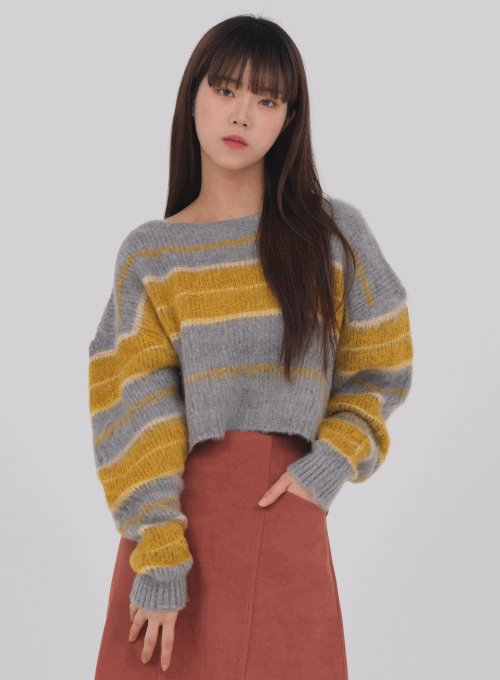 Crew Neck Cropped Knit with Stripes