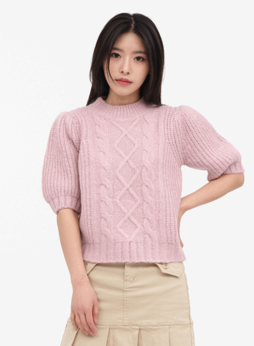 Puff Sleeve Short Sleeve Cable Knit