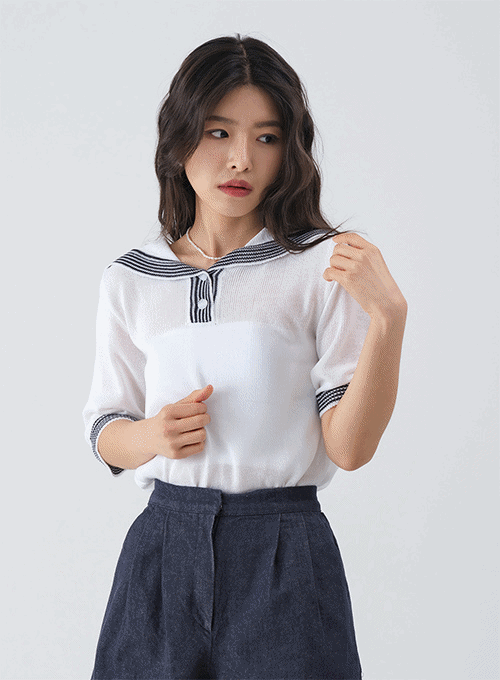 Sailor Collar Sheer Knit Top OY16