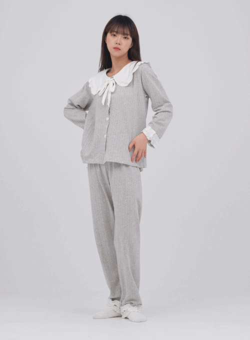 Top and trouser pajama set with frill collar detail