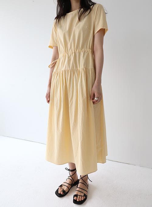 Waist Shirring Half-Sleeve Midi Dress