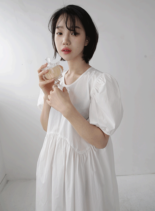 Puff Sleeve Shirring Long Dress