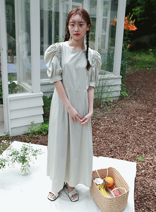 Puff Sleeve Shirring Long Dress