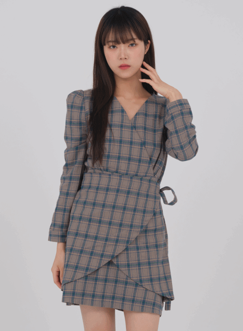 Wrap Mini Dress with Check Pattern