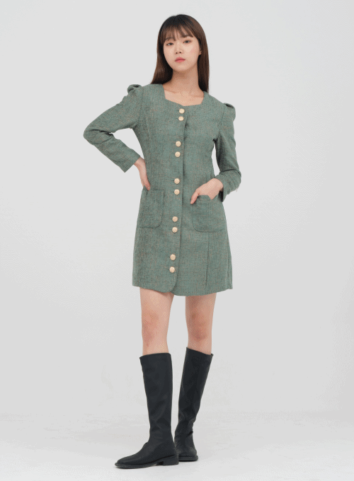 Square Neck Tweed Mini Dress