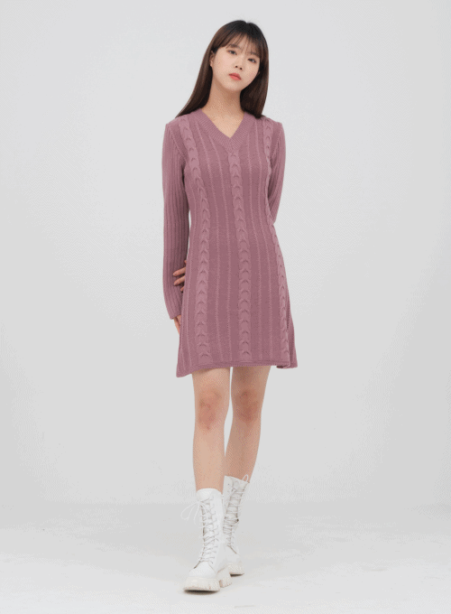 V Neck Cable Knit Mini Dress