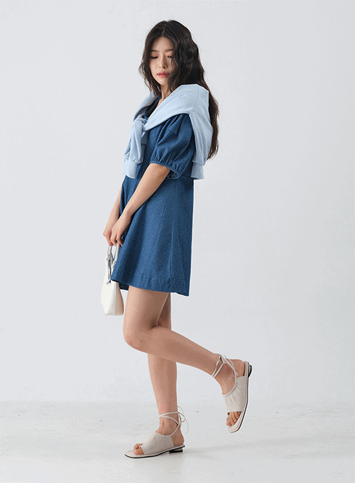 Deep Neck Flared Puff Sleeve Mini Dress OM11