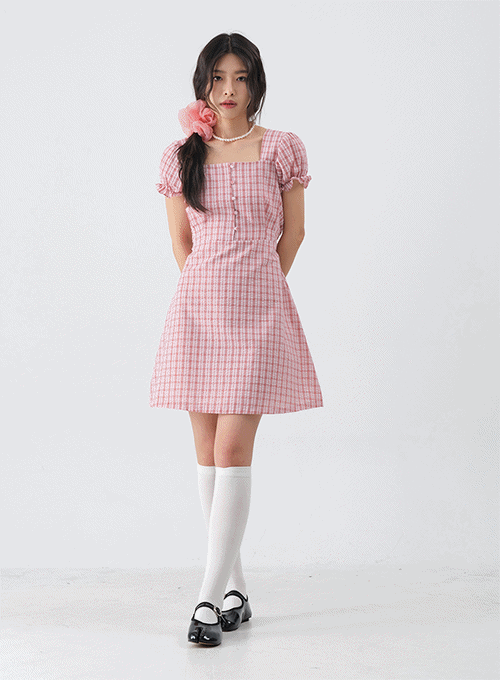 Vintage Checkered Puff Sleeve Mini Dress OM12