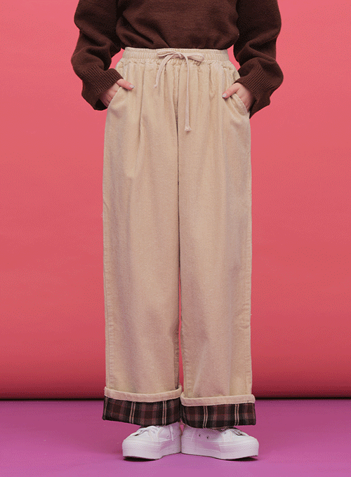 Checkered Hem Wide Leg Corduroy Pants