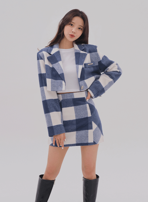 Check Blazer and Skirt Matching Set Two Piece