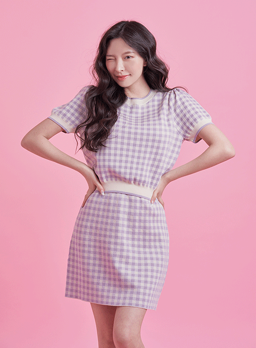 Checkered Knit and Mini Skirt Set BM10