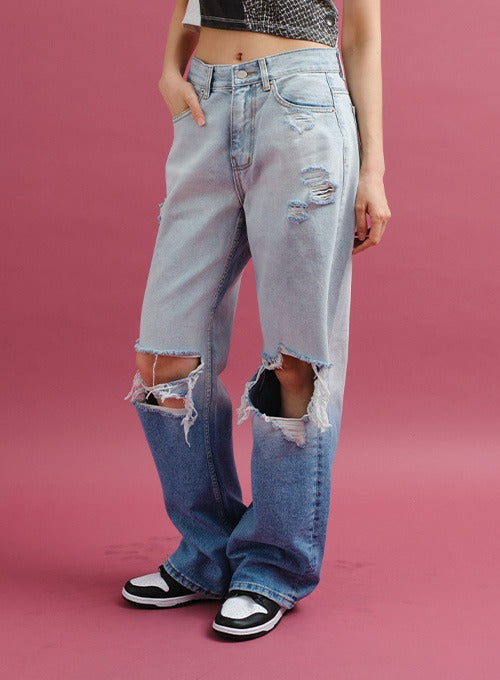 Gradient Distressed Wide Leg Denim Pants CY24