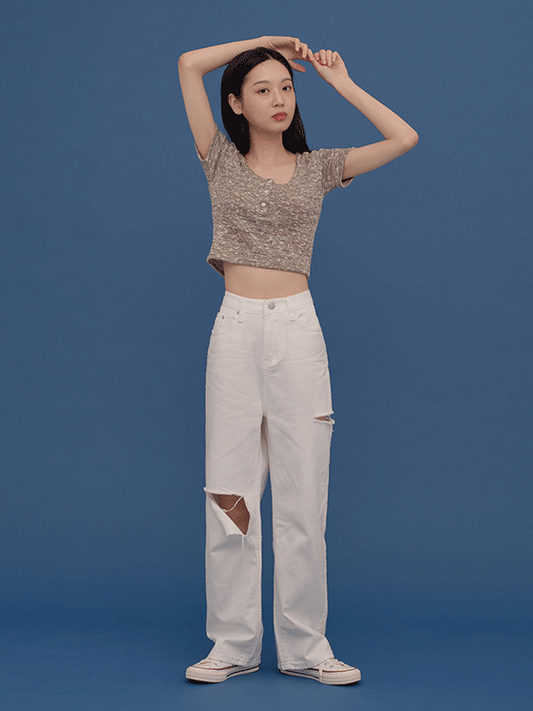 Wide Leg Ripped Denim Jeans CA04