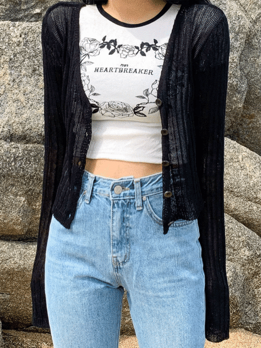 Sheer Cropped V-Neck Cardigan CCM02