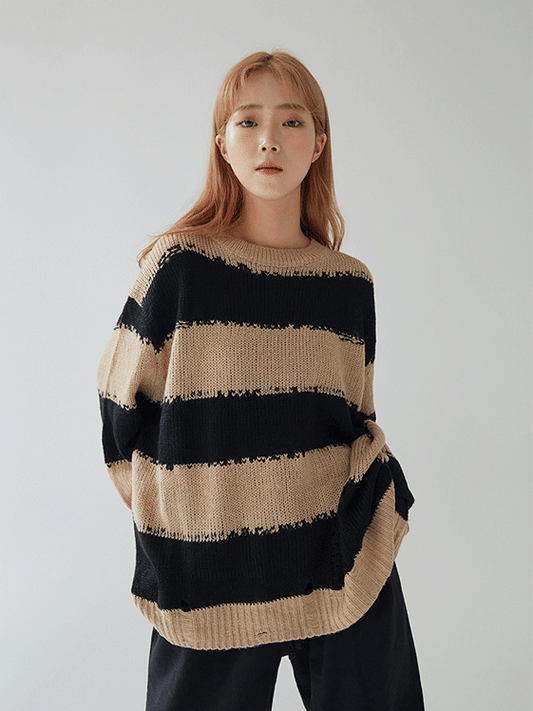 Stripped Distressed Knit Sweater F17