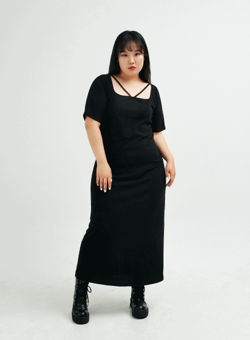 Plus Square Neck V Strap Maxi Dress IY24