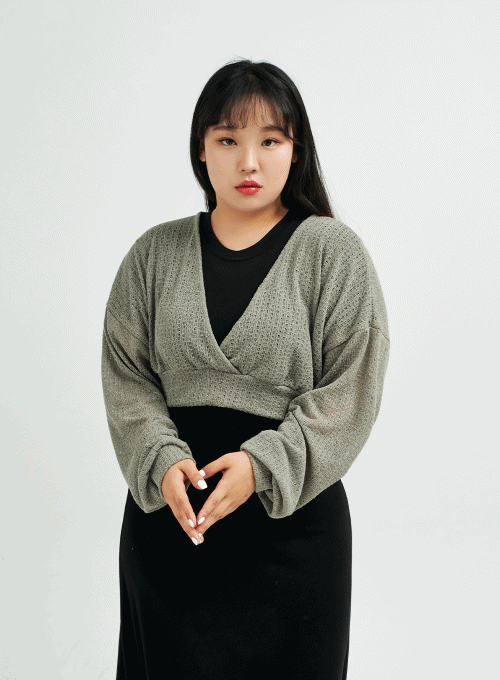 Plus Sheer Linen V-Neck Cropped Knit Top IY24