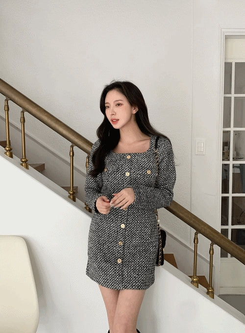Square neck Tweed Mini Dress