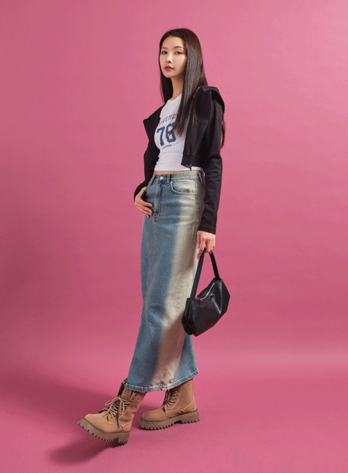 Side Bleached Denim Maxi Skirt CY16