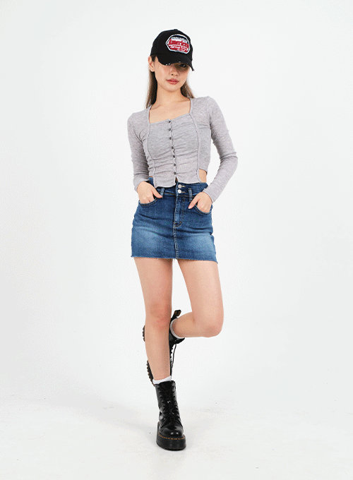 Raw Hem Bleached Denim Skirt Pants CM02