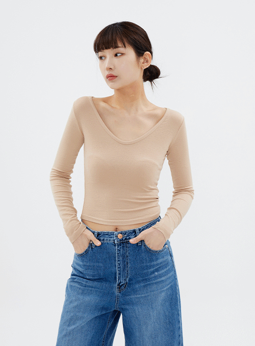 V Neck Cropped Long Sleeve T Shirt CM10
