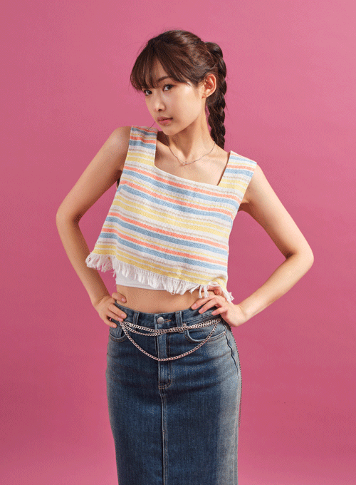 Striped Fringe Hem Crop Top CY16