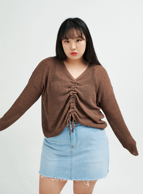 Plus Shirred Ribbon Tie Knit Top IY24