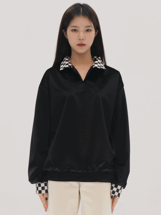 Checkerboard Collar Long Sleeve Top