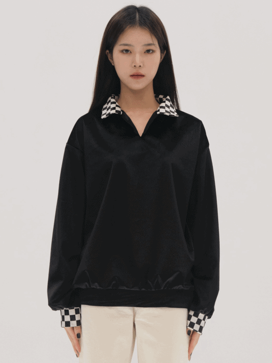 Checkerboard Collar Long Sleeve Top