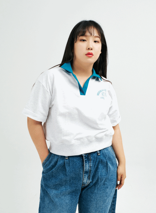 Plus Colored Collar Crop Top IY24