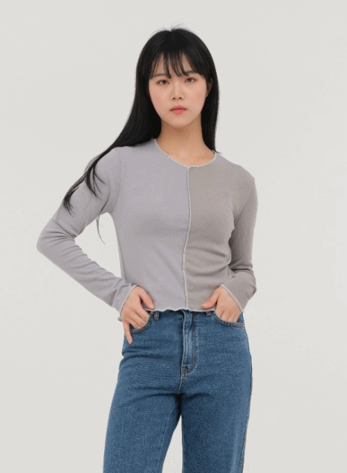 Stitch Detail Colorblock Crew Neck T Shirt M1