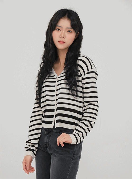V Neck Stripped Cardigan