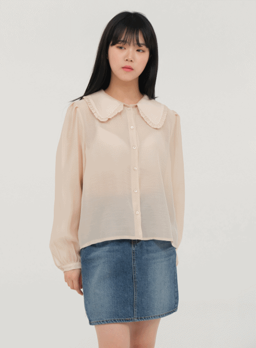 Sheer Blouse with Collar and Frill Detail U1502