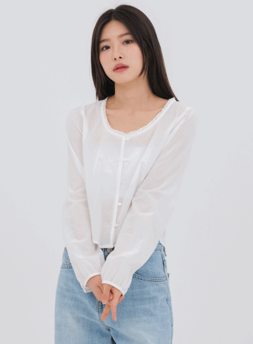 Scoop Neck Sheer Button Blouse OM21