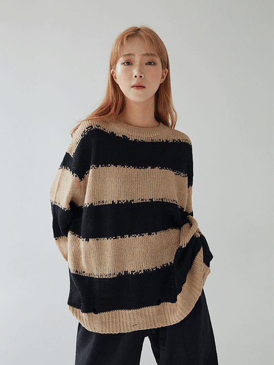 Stripped Distressed Knit Sweater F17