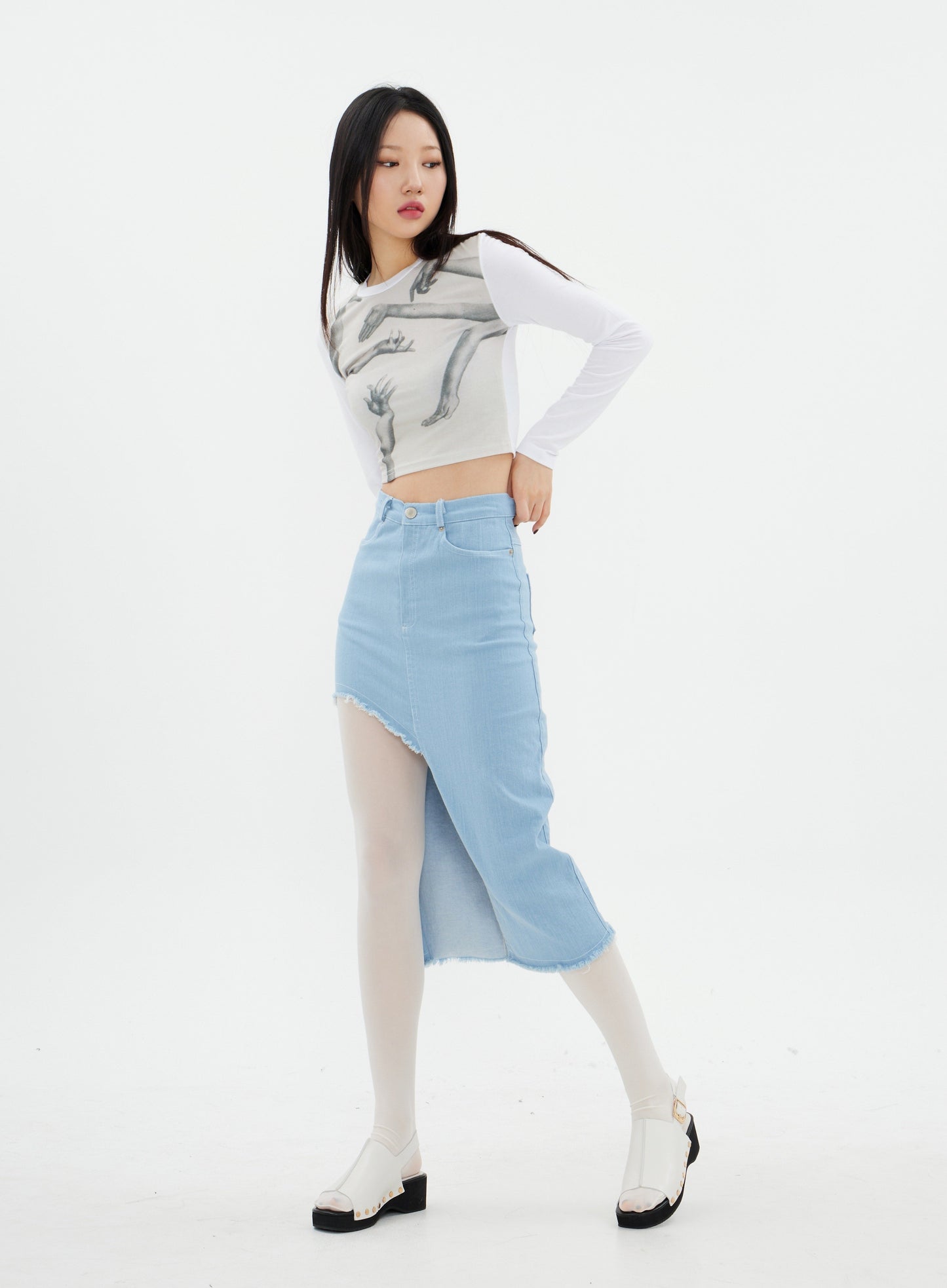 Unbalanced Hem Denim Midi Skirt K2302