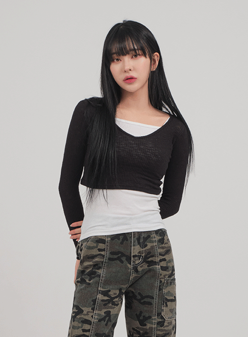 V Neck Long Sleeve Crop Top C0302