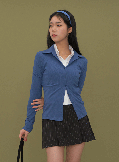 Ribbed Long Sleeve Top with Front Buttons C2601