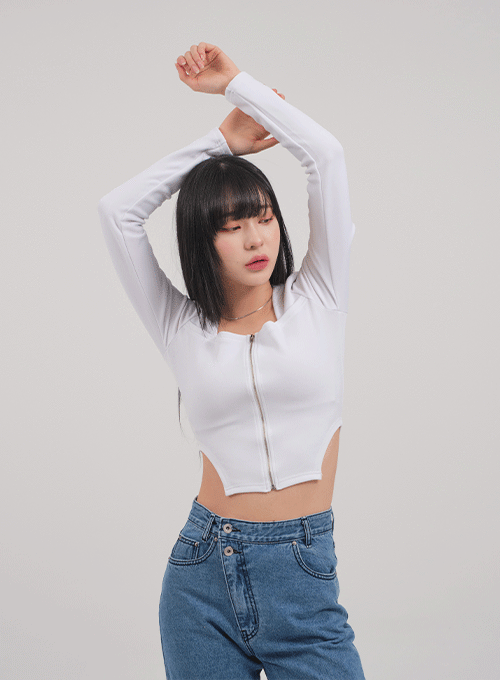 Cut Out Hem Square Neck Zip Up Top C0302
