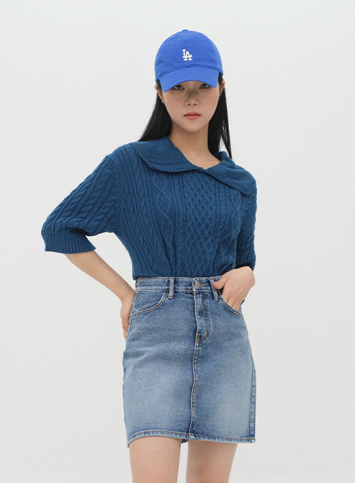 Short Sleeve Cable Knit Top with Collar