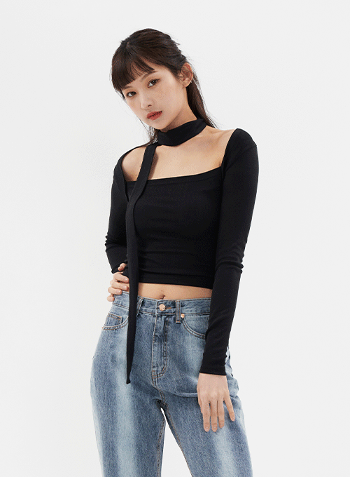 Square Neck Cropped Long Sleeve T Shirt and Scarf Set C7102