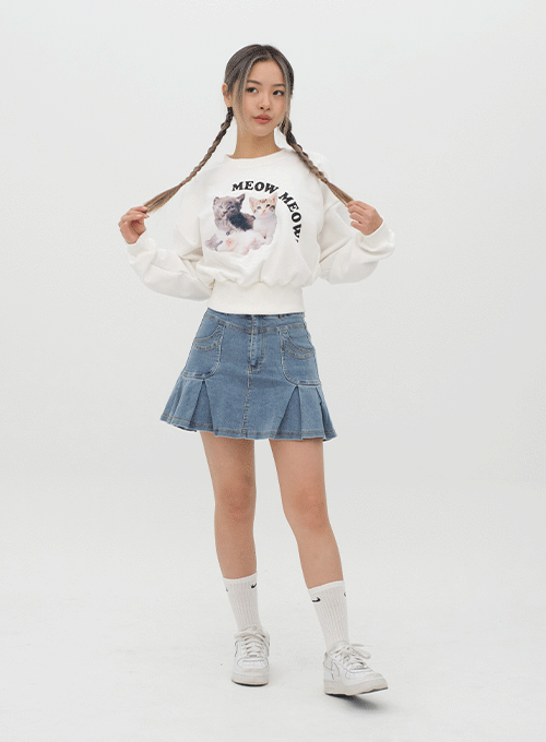 Denim Hem Pleated Mini Skirt