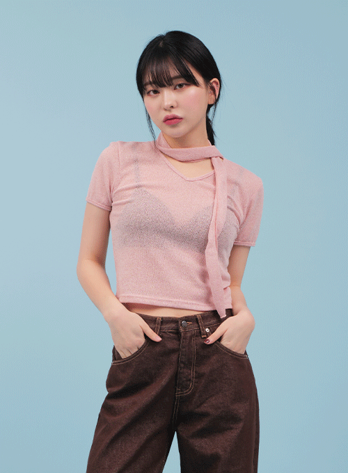 V Neck Short Sleeve Knit and Scarf Set CM15