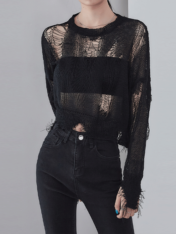 Distressed Cropped Knit Top F23