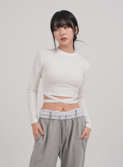 Waist Strap Detail Crop Long Sleeve T Shirt C0302